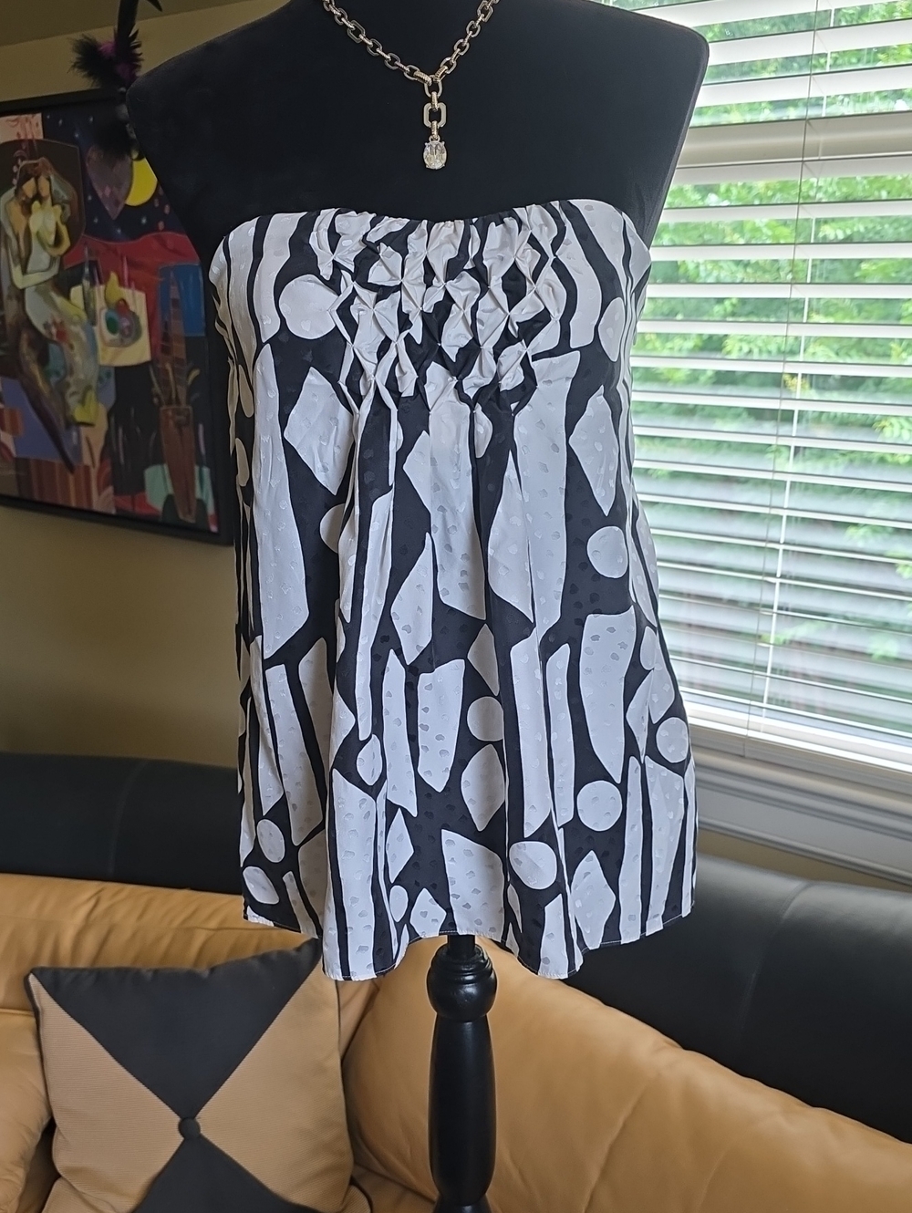 White House Black Market Black and White Strapless Smocked Top